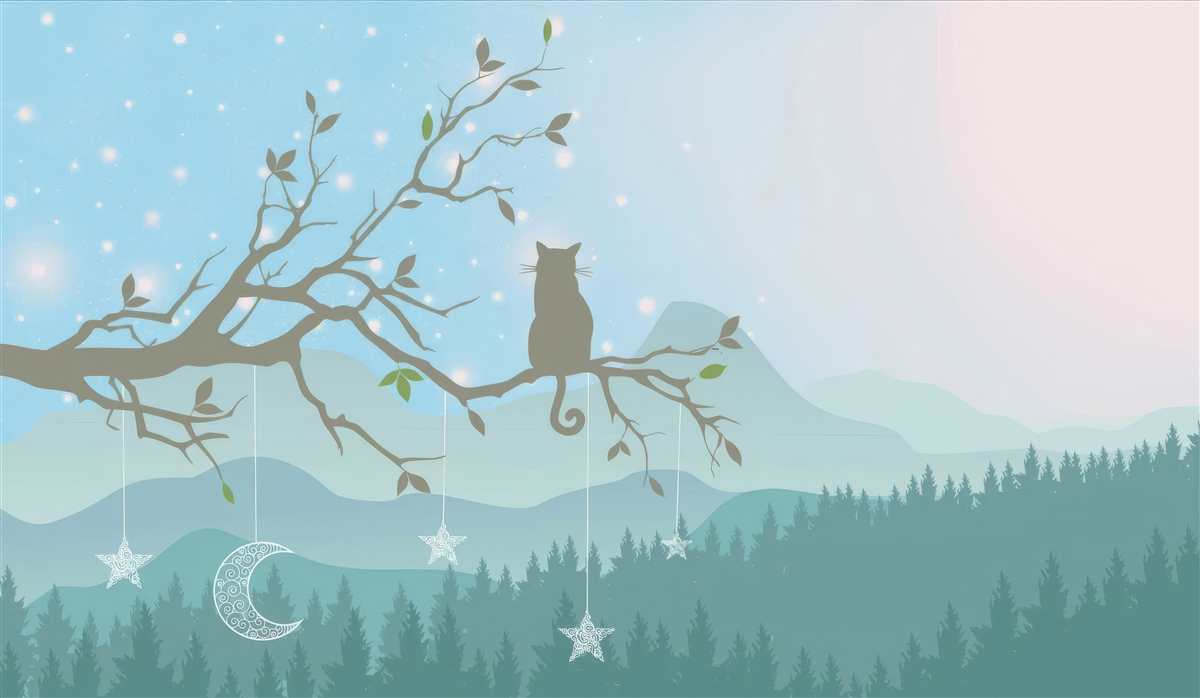 Fotobehang een enkel katje zit op een boomtak