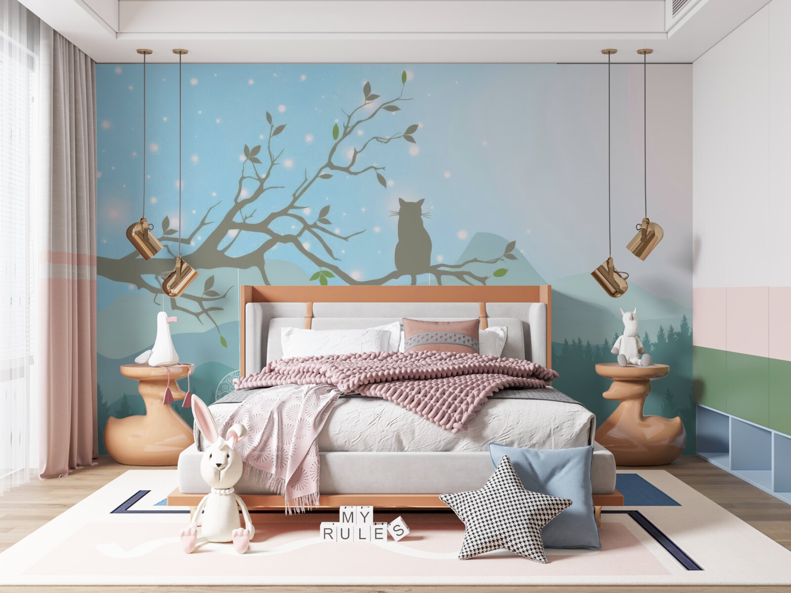 Fotobehang een enkel katje zit op een boomtak