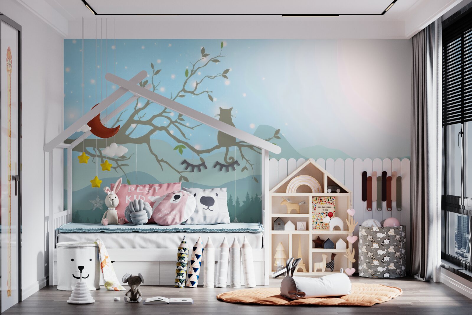 Fotobehang een enkel katje zit op een boomtak