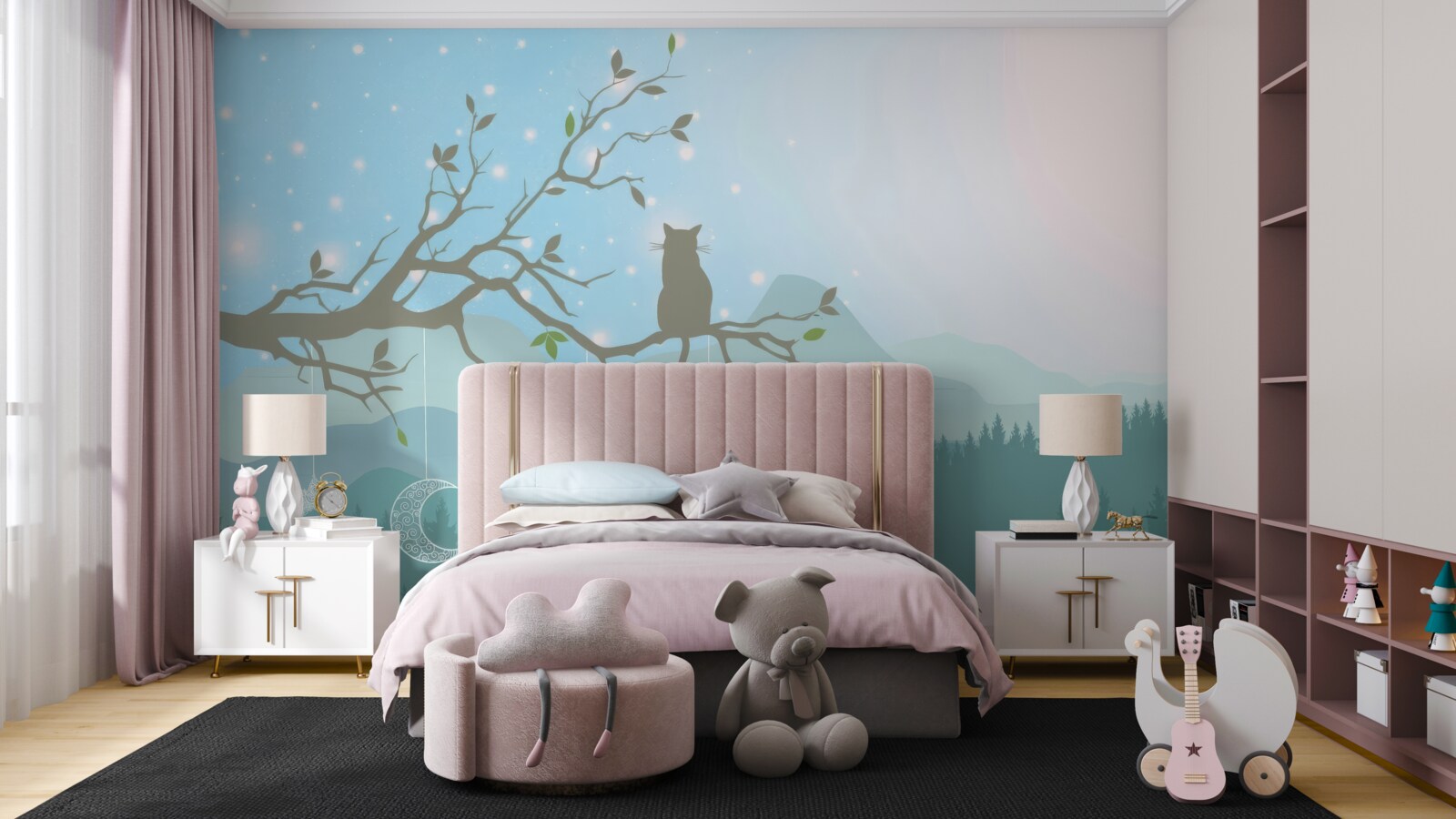 Fotobehang een enkel katje zit op een boomtak