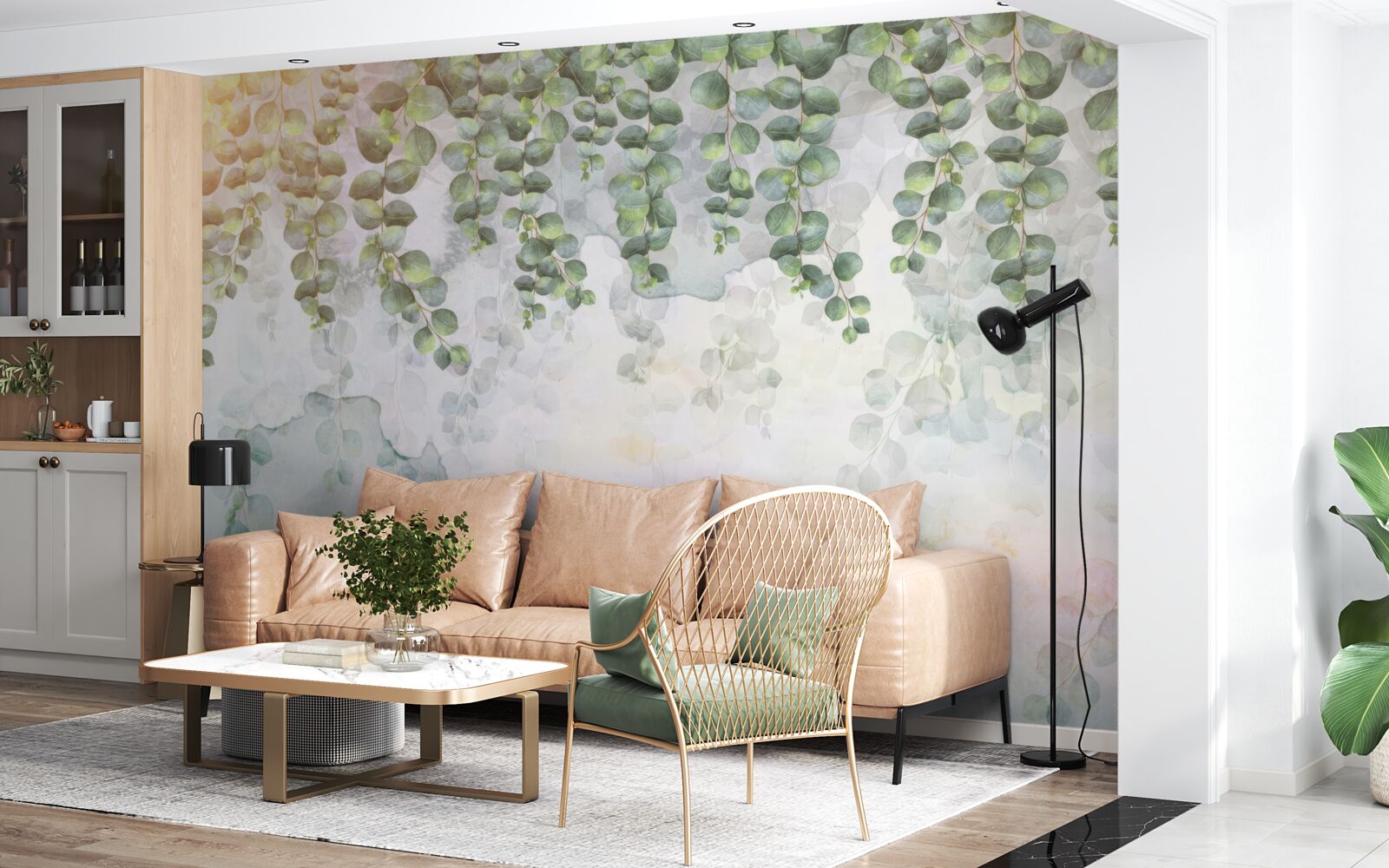 Fotobehang hangende takken met groene bladeren