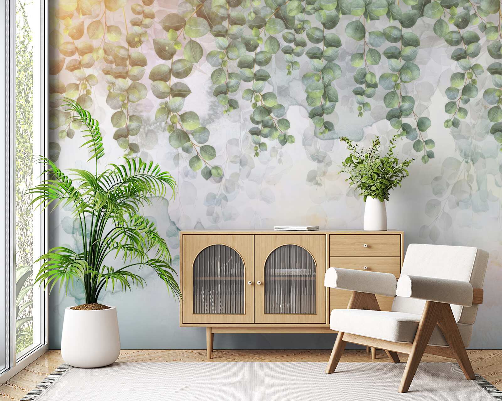 Fotobehang hangende takken met groene bladeren