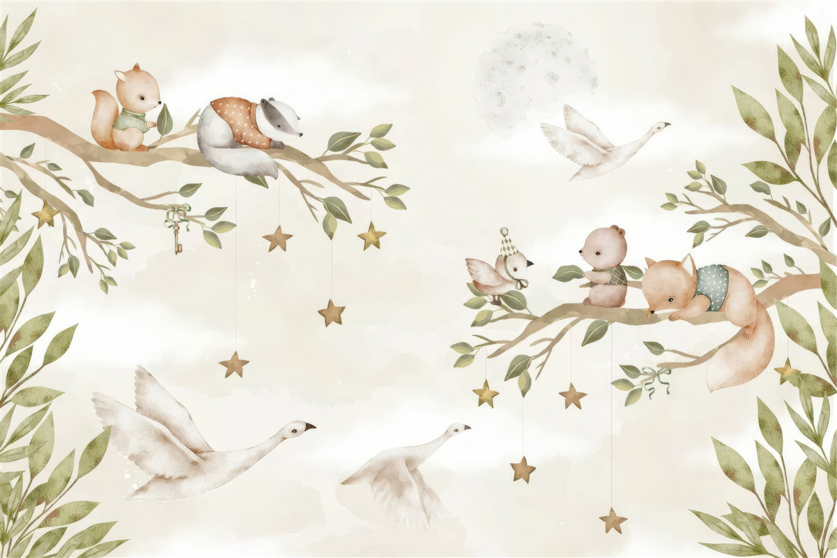 Fotobehang verschillende dieren zaten op de takken van de boom