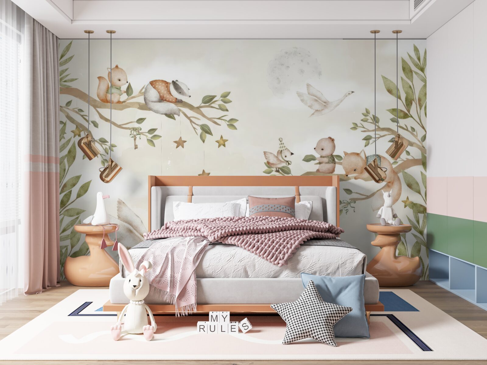 Fotobehang verschillende dieren zaten op de takken van de boom