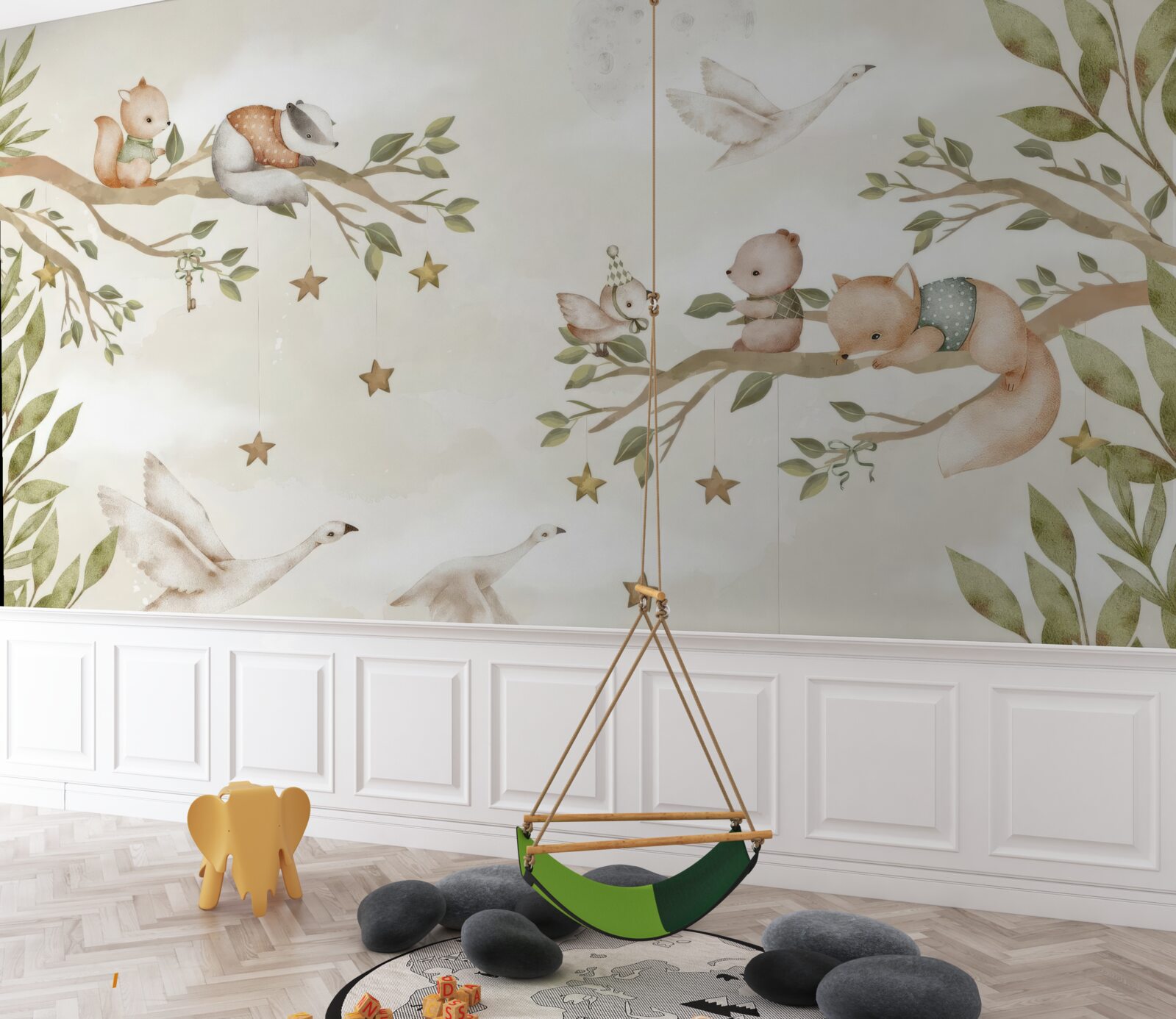 Fotobehang verschillende dieren zaten op de takken van de boom