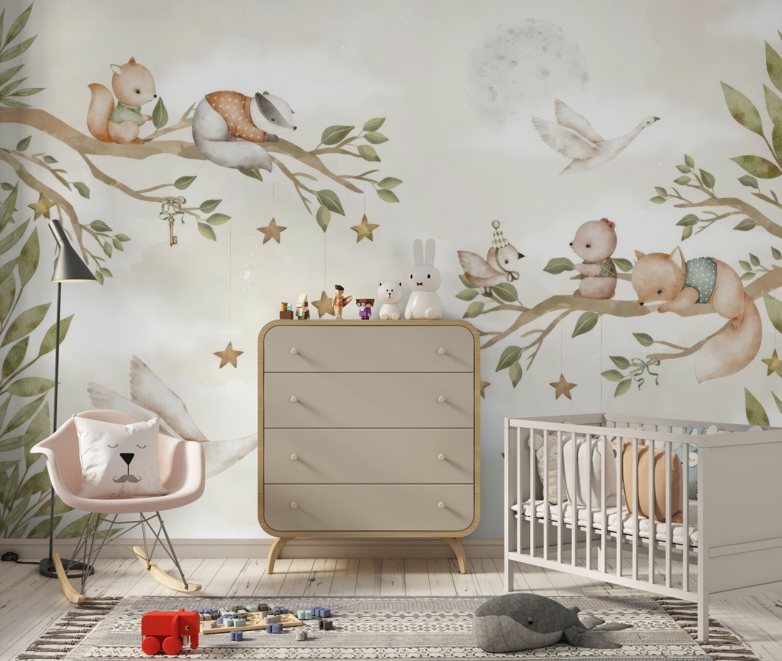 Fotobehang verschillende dieren zaten op de takken van de boom