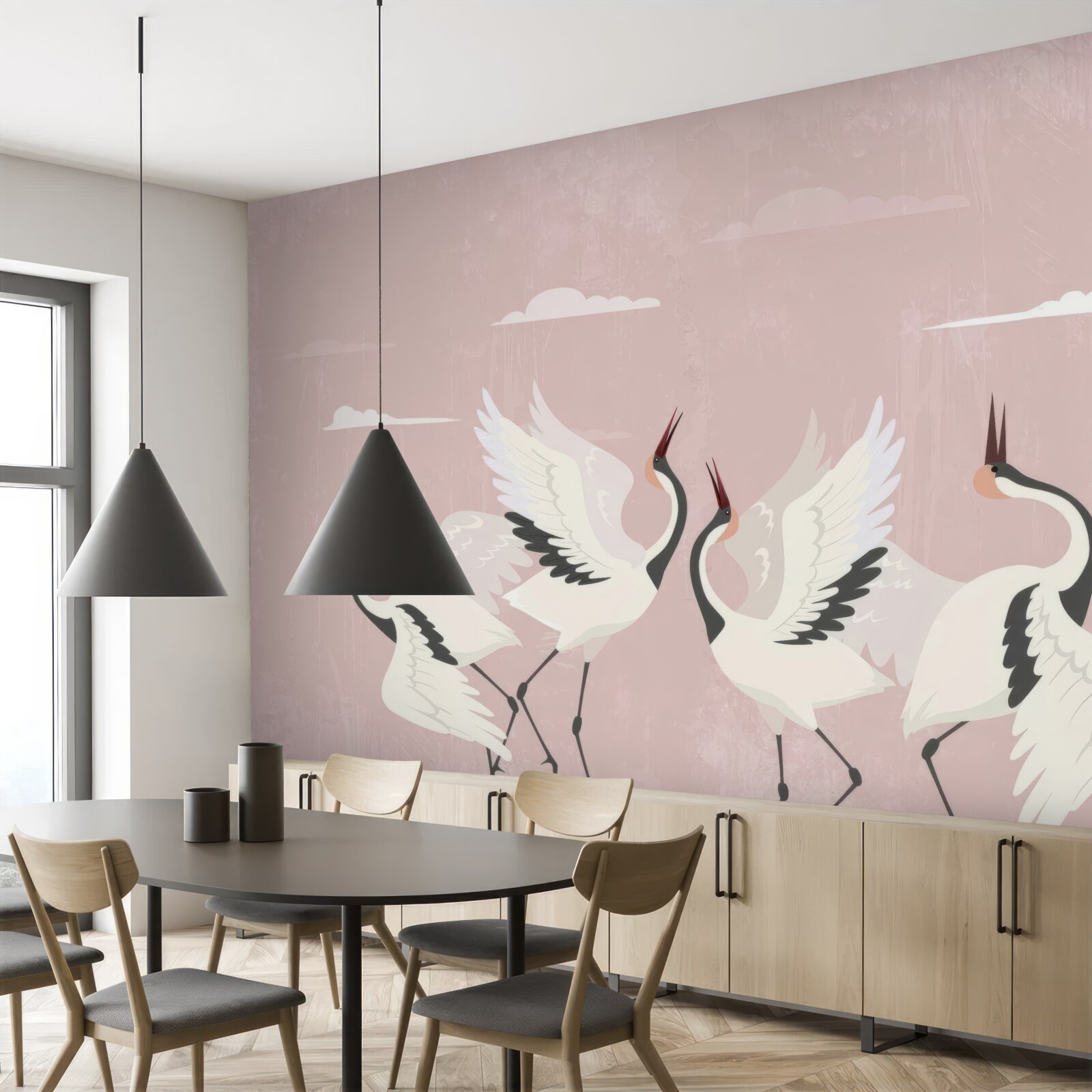 Fotobehang ooievaars strekken hun nek en kijken omhoog