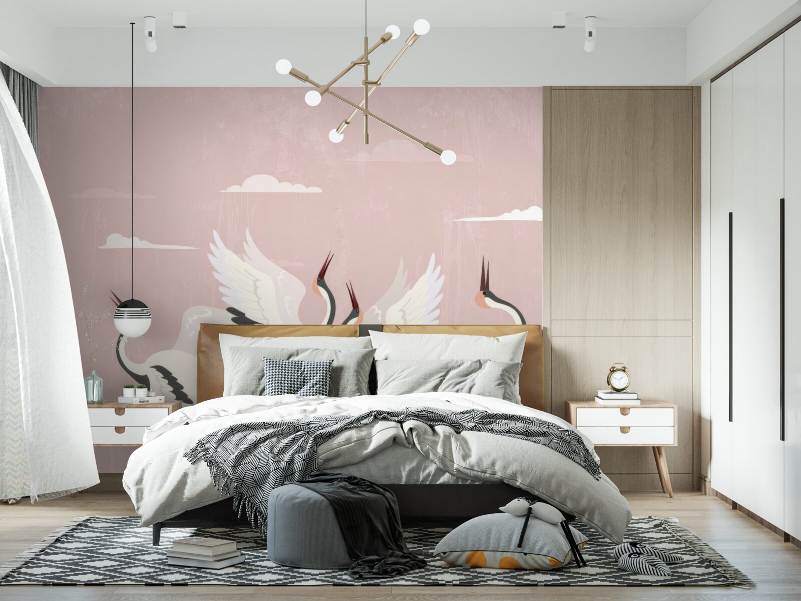 Fotobehang ooievaars strekken hun nek en kijken omhoog