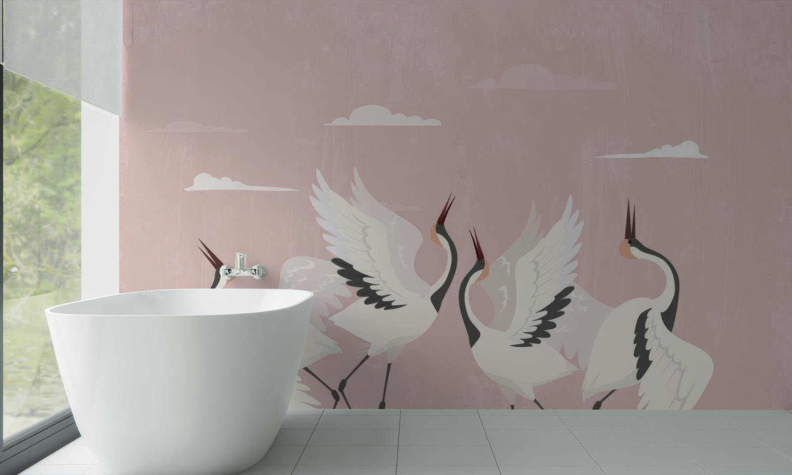 Fotobehang ooievaars strekken hun nek en kijken omhoog