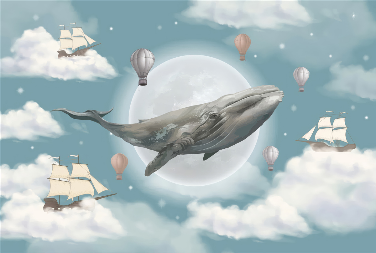 Fotobehang reusachtige potvis tegen de achtergrond van de volle maan