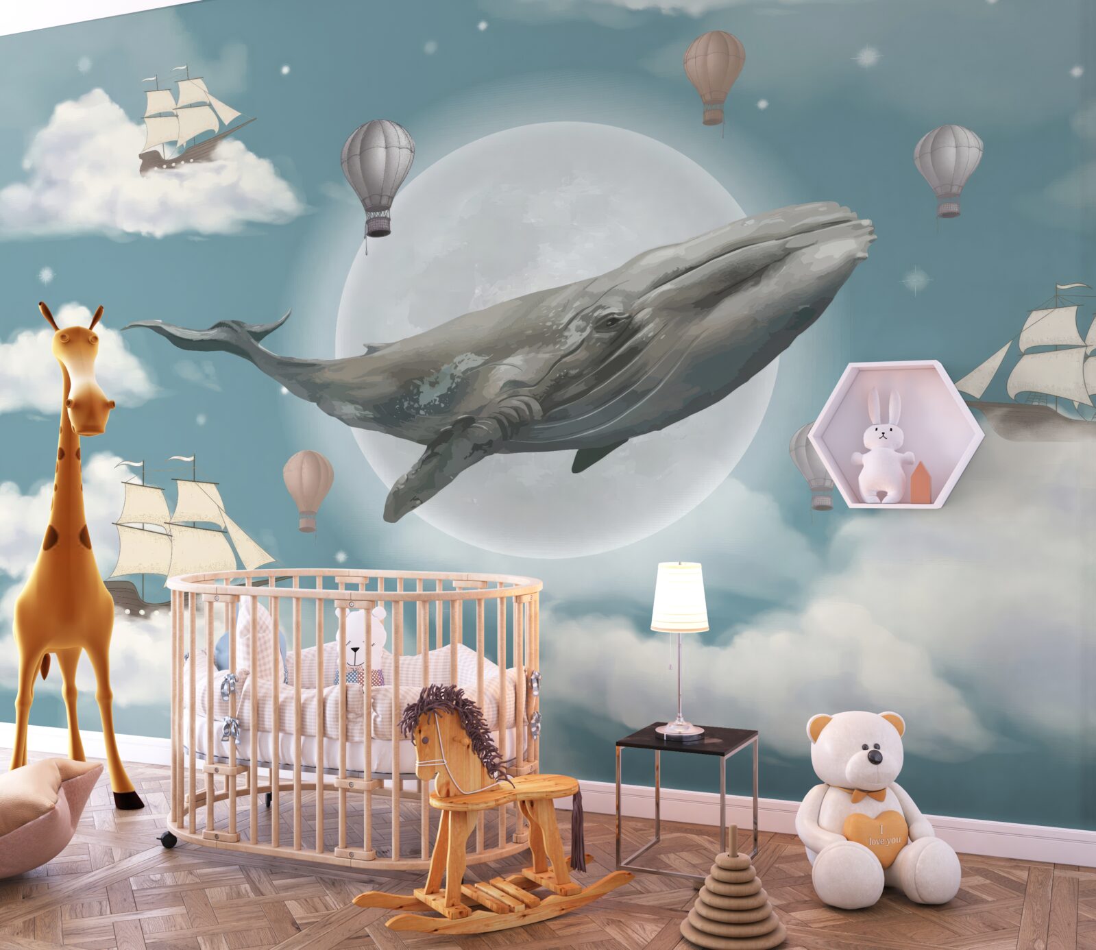 Fotobehang reusachtige potvis tegen de achtergrond van de volle maan