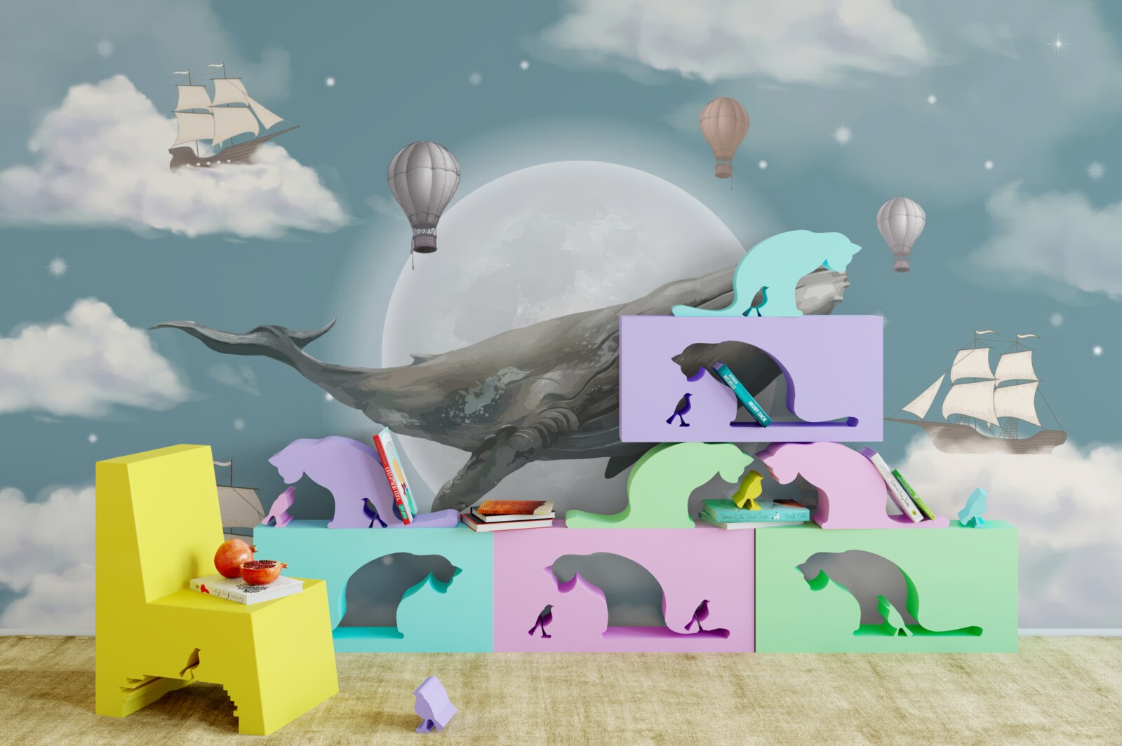 Fotobehang reusachtige potvis tegen de achtergrond van de volle maan