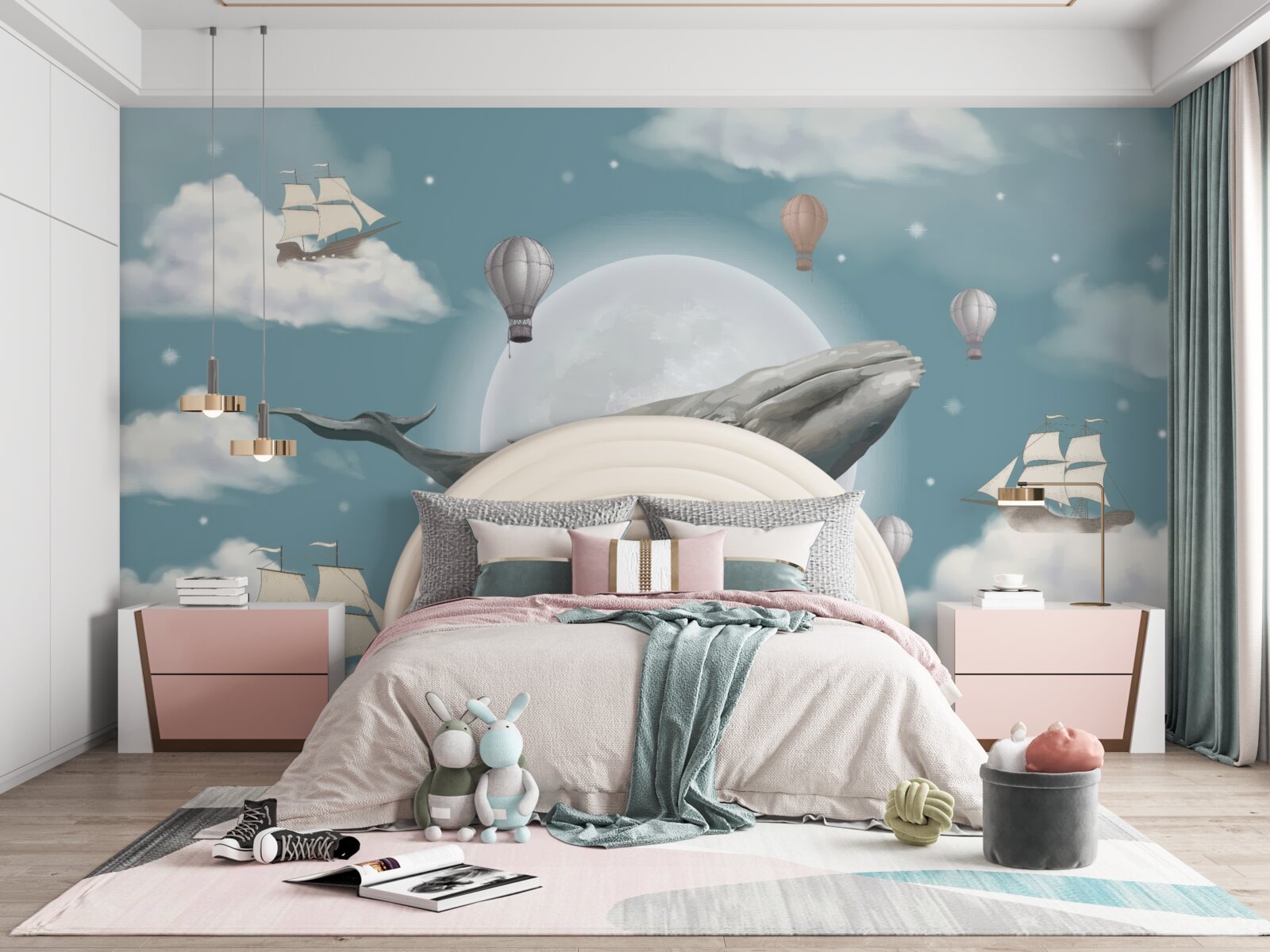 Fotobehang reusachtige potvis tegen de achtergrond van de volle maan