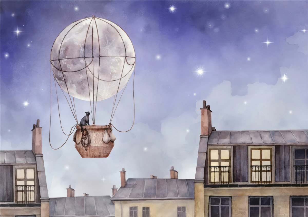 Fotobehang kat vliegt over huizen in ballon