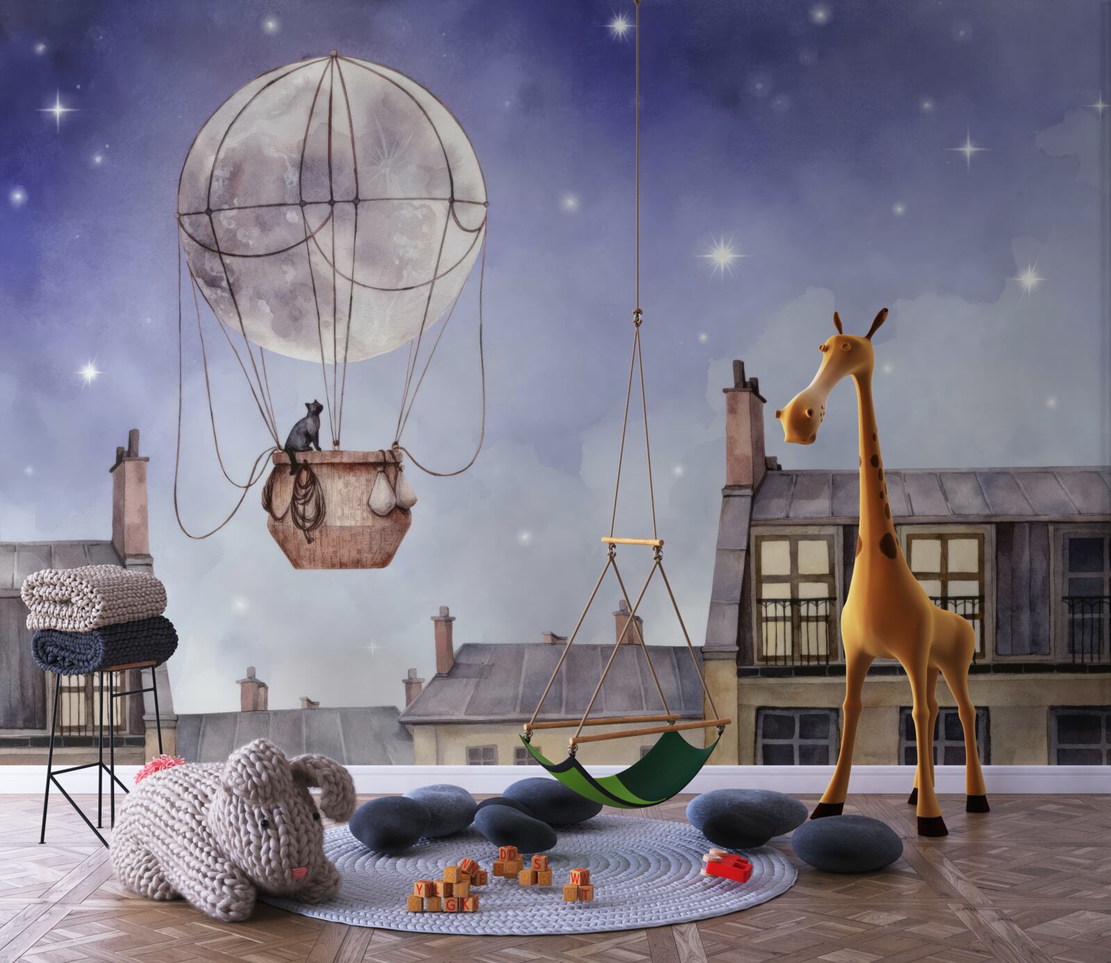 Fotobehang kat vliegt over huizen in ballon