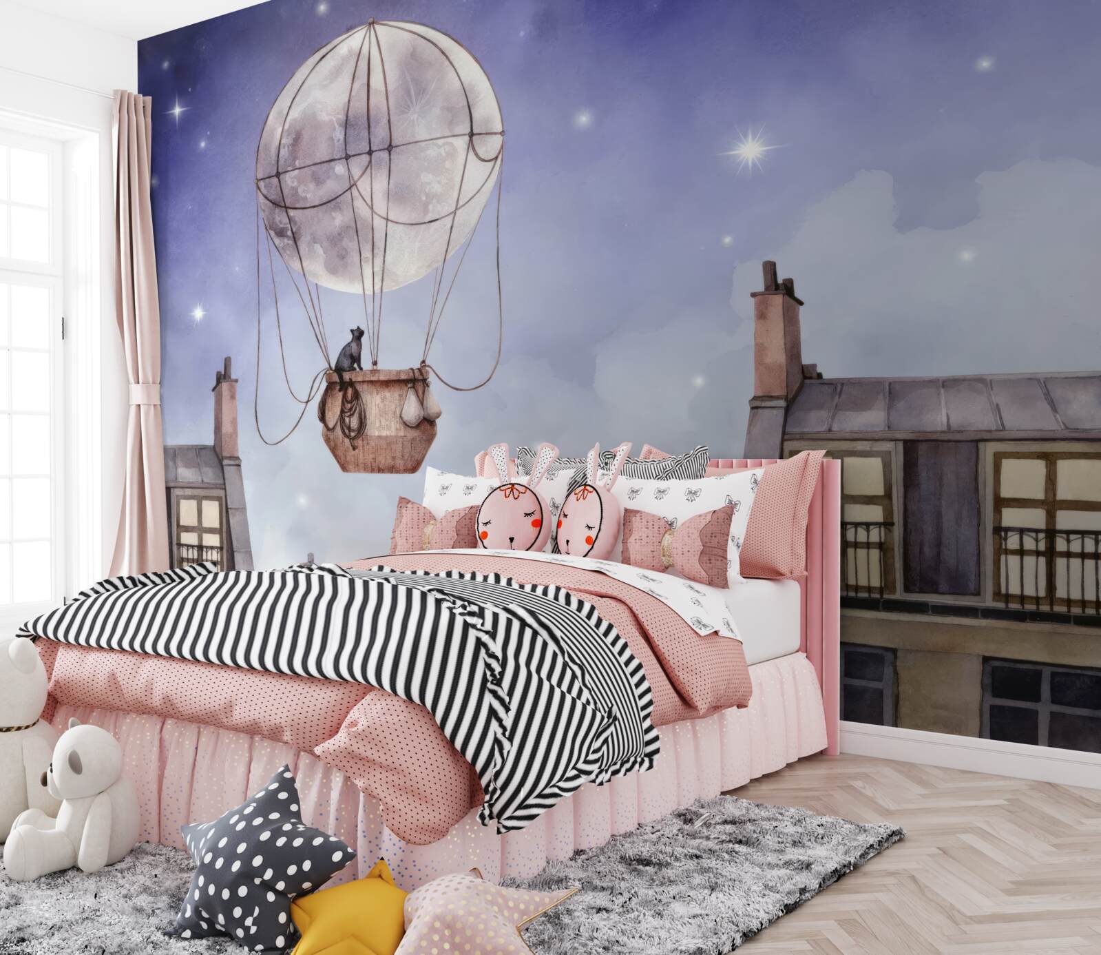 Fotobehang kat vliegt over huizen in ballon