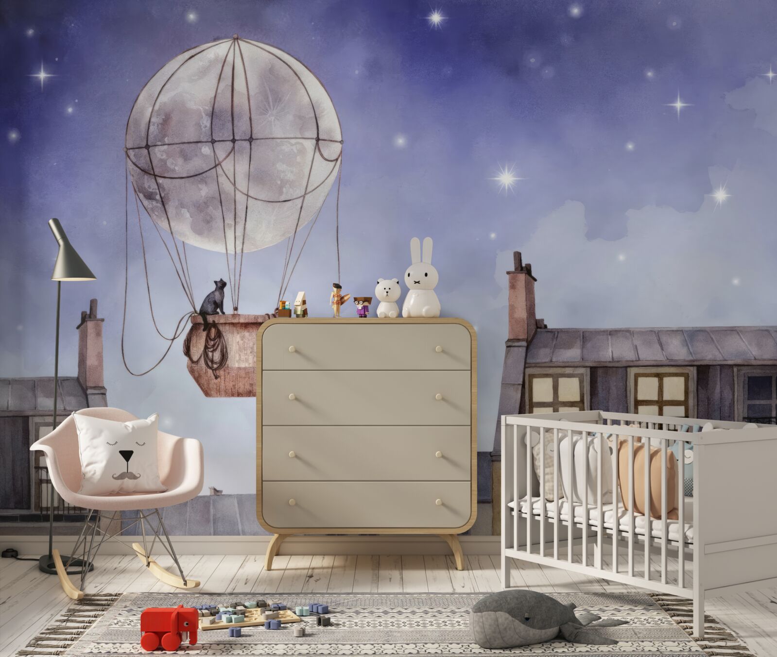 Fotobehang kat vliegt over huizen in ballon