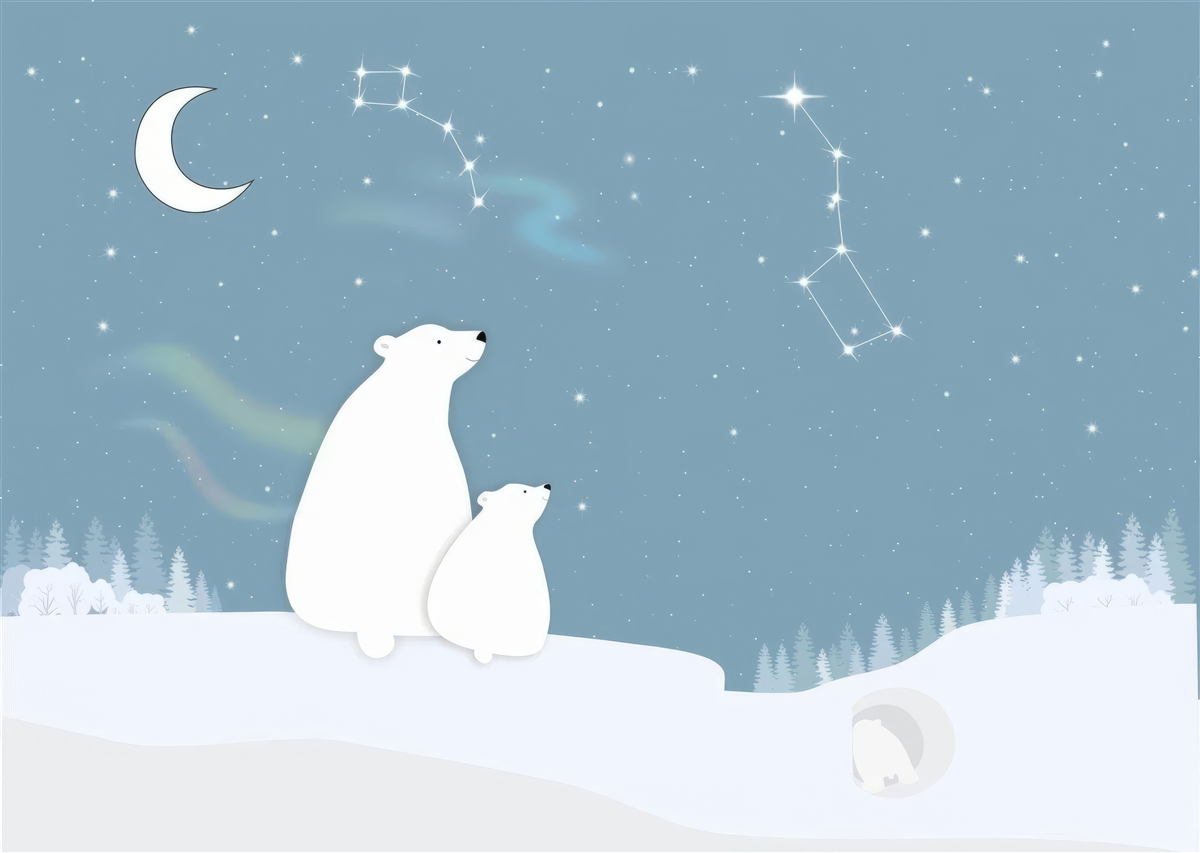 Fotobehang een beer en haar welpen kijken omhoog naar de sterren