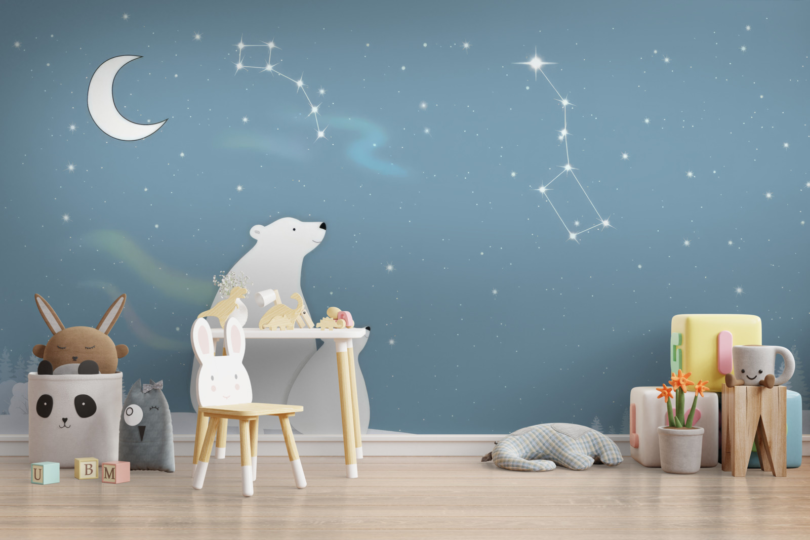 Fotobehang een beer en haar welpen kijken omhoog naar de sterren