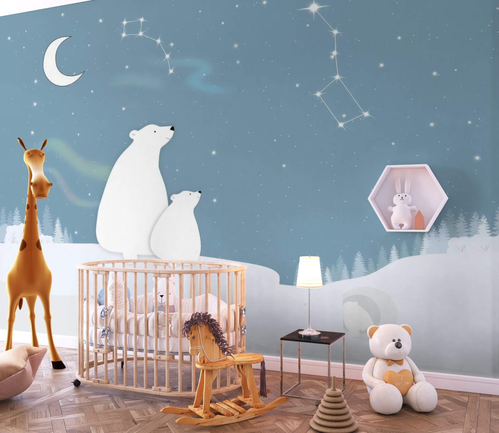 Fotobehang een beer en haar welpen kijken omhoog naar de sterren