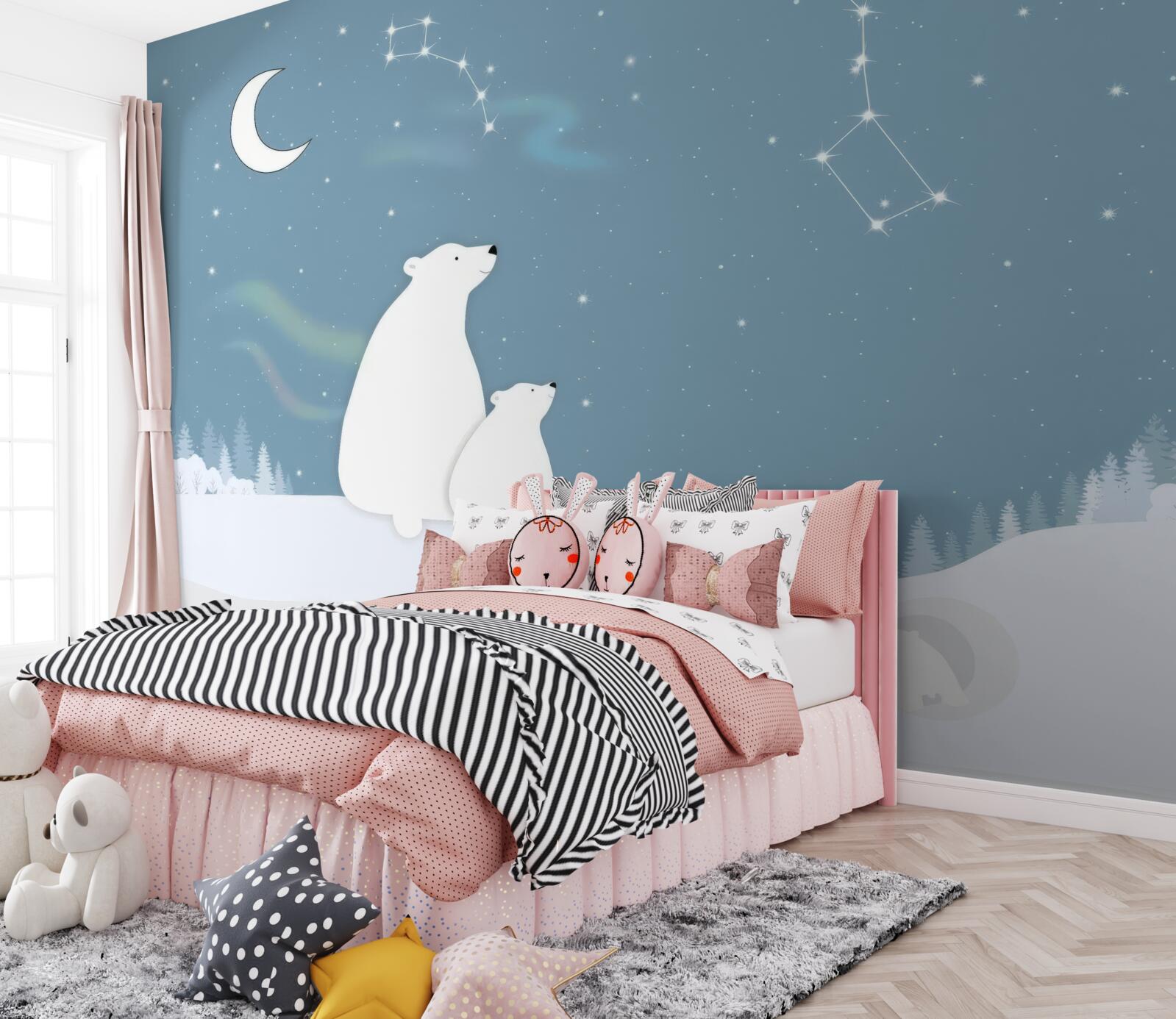 Fotobehang een beer en haar welpen kijken omhoog naar de sterren