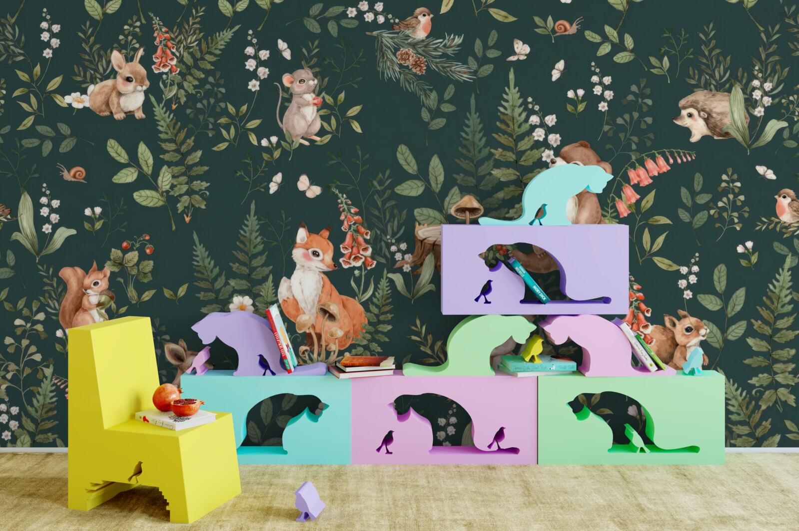 Fotobehang tussen de groene bladeren zitten verschillende dieren