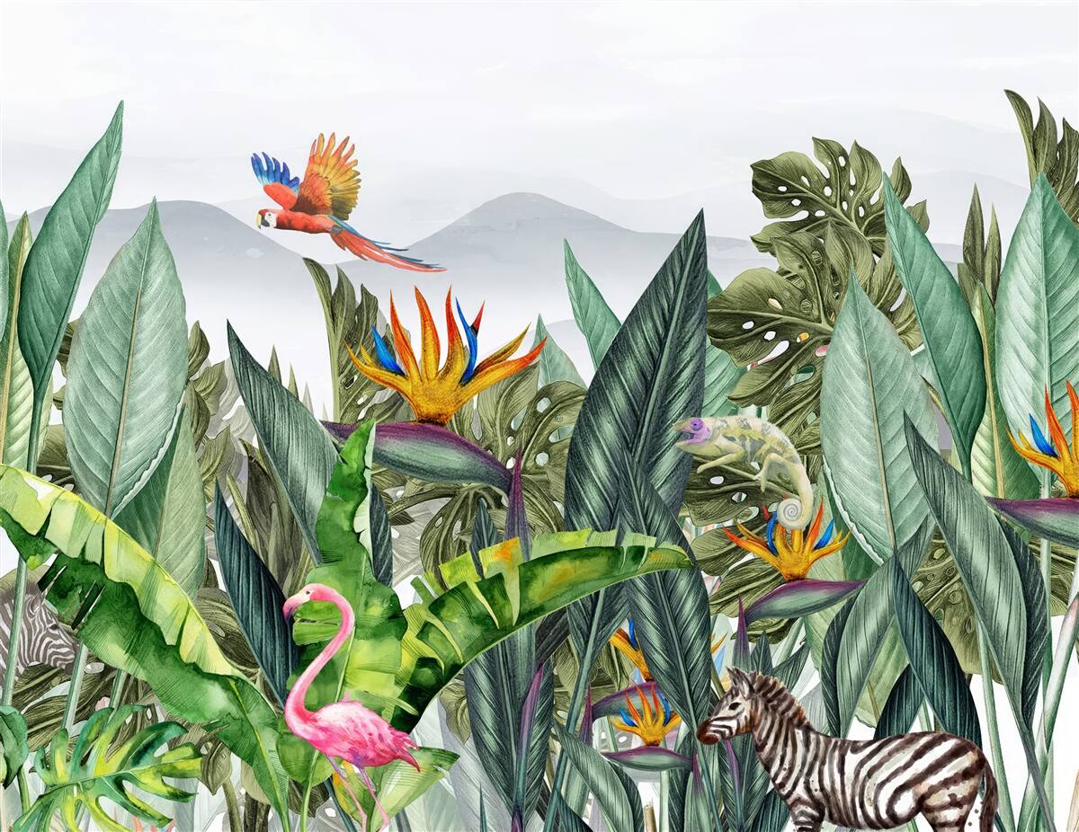 Fotobehang gevarieerd groen met dieren en vogels