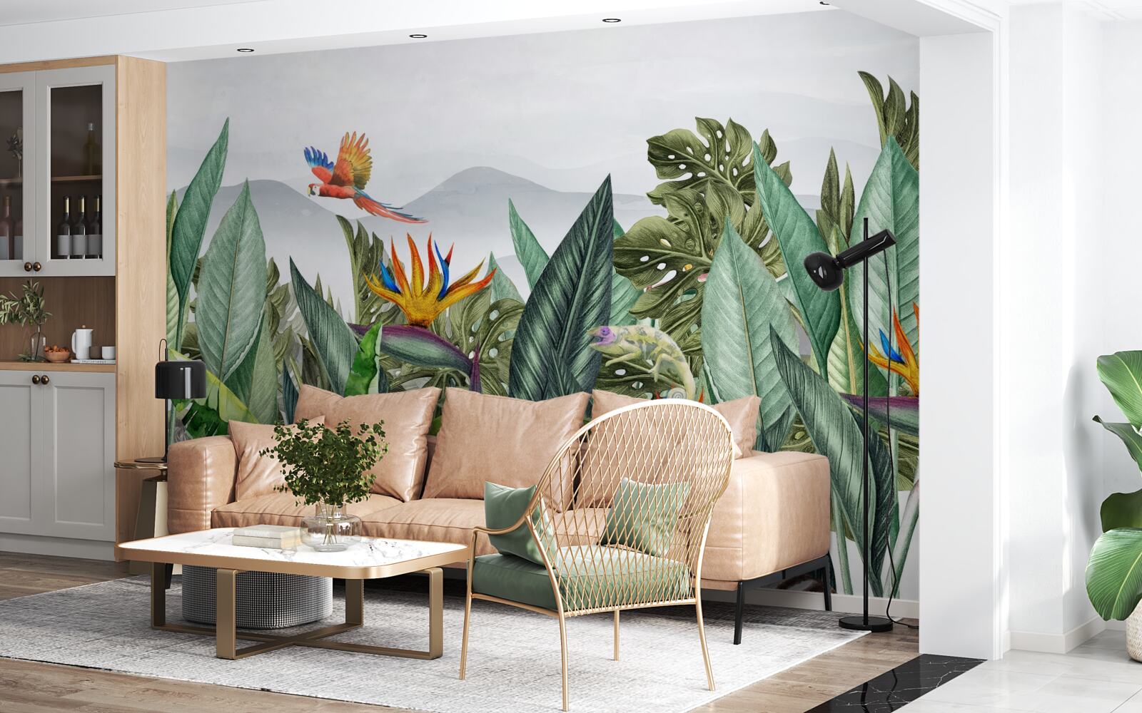 Fotobehang gevarieerd groen met dieren en vogels