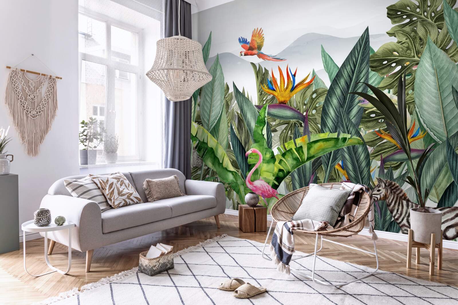 Fotobehang gevarieerd groen met dieren en vogels