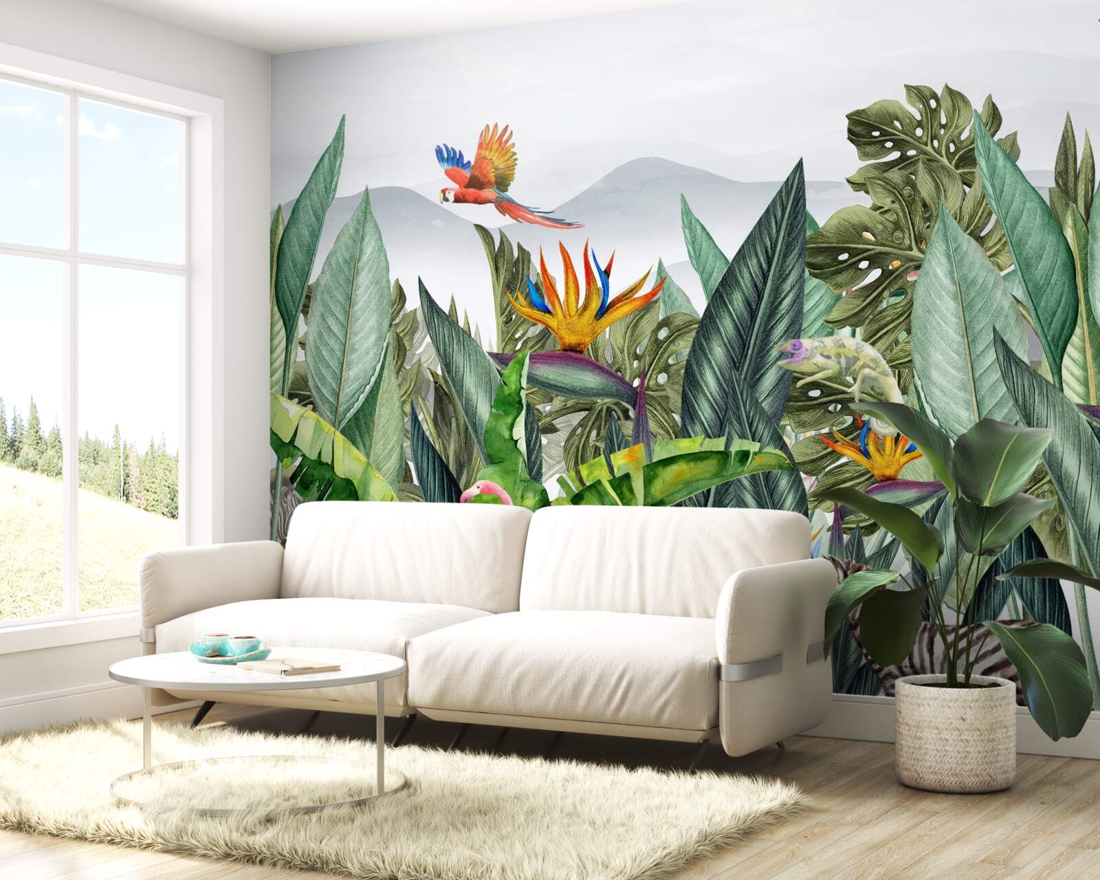 Fotobehang gevarieerd groen met dieren en vogels