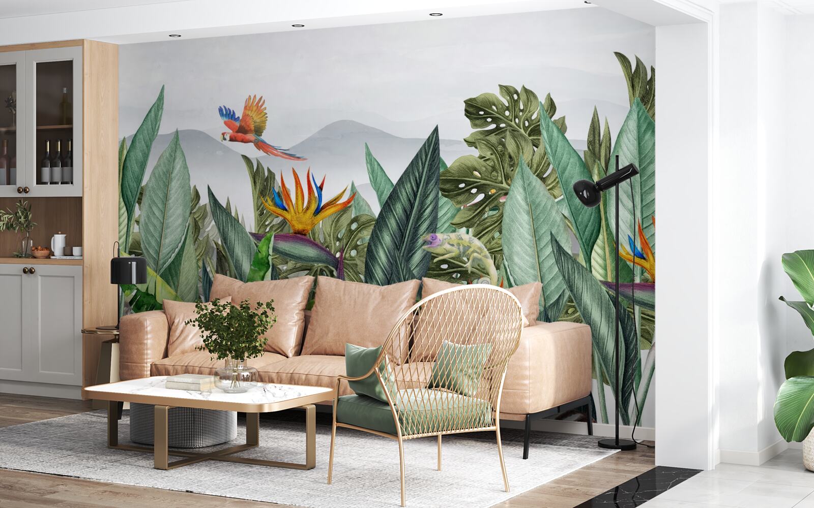 Fotobehang gevarieerd groen met dieren en vogels