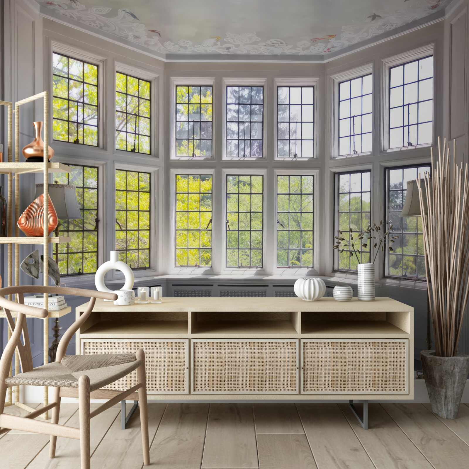 Fotobehang panorama van bomen vanuit het raam