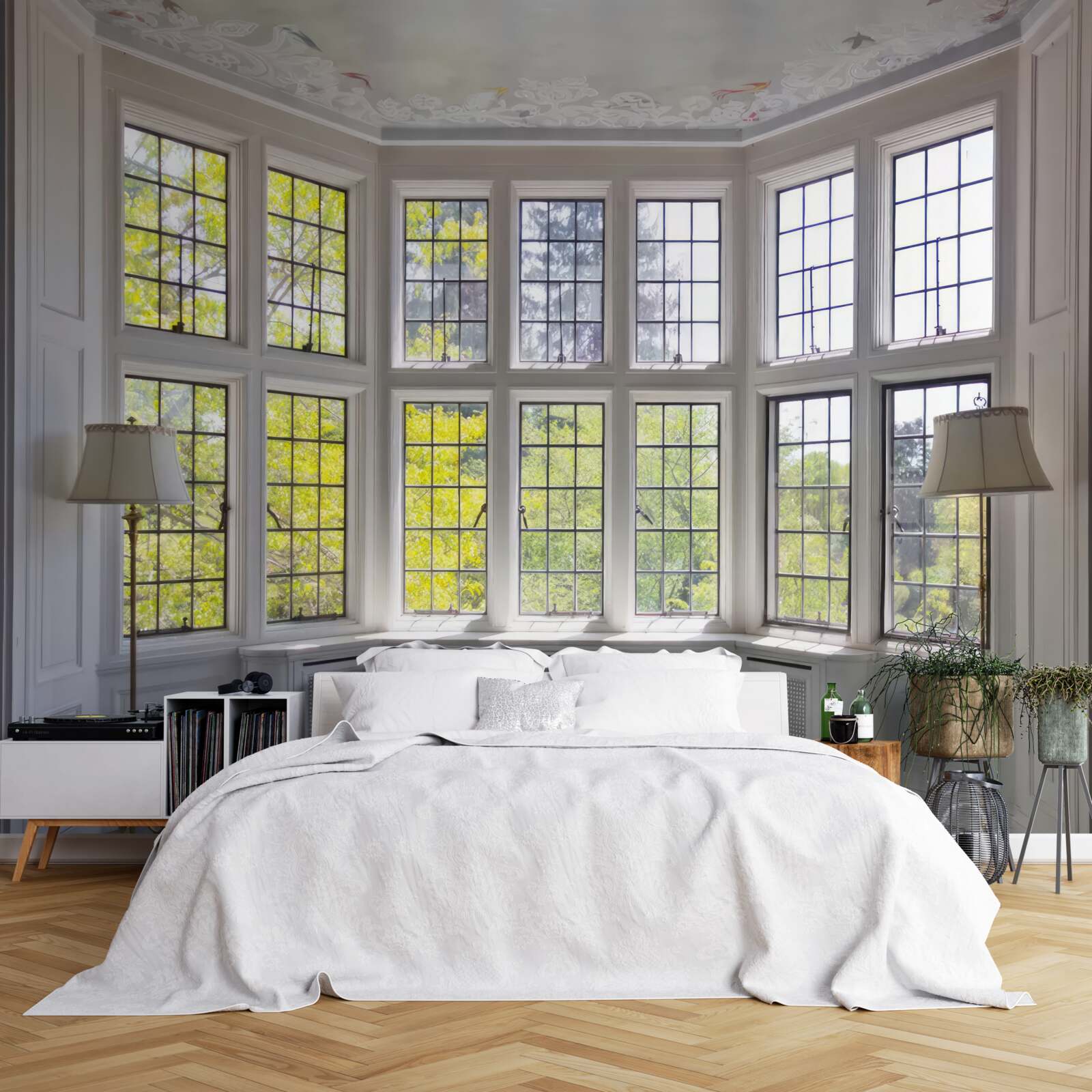 Fotobehang panorama van bomen vanuit het raam