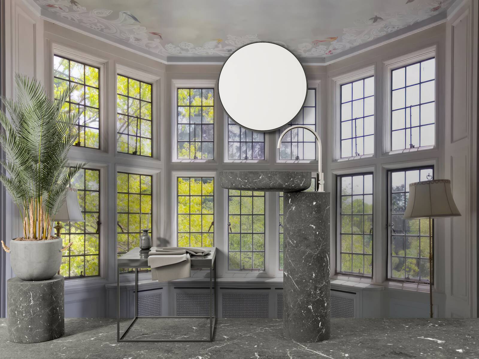 Fotobehang panorama van bomen vanuit het raam