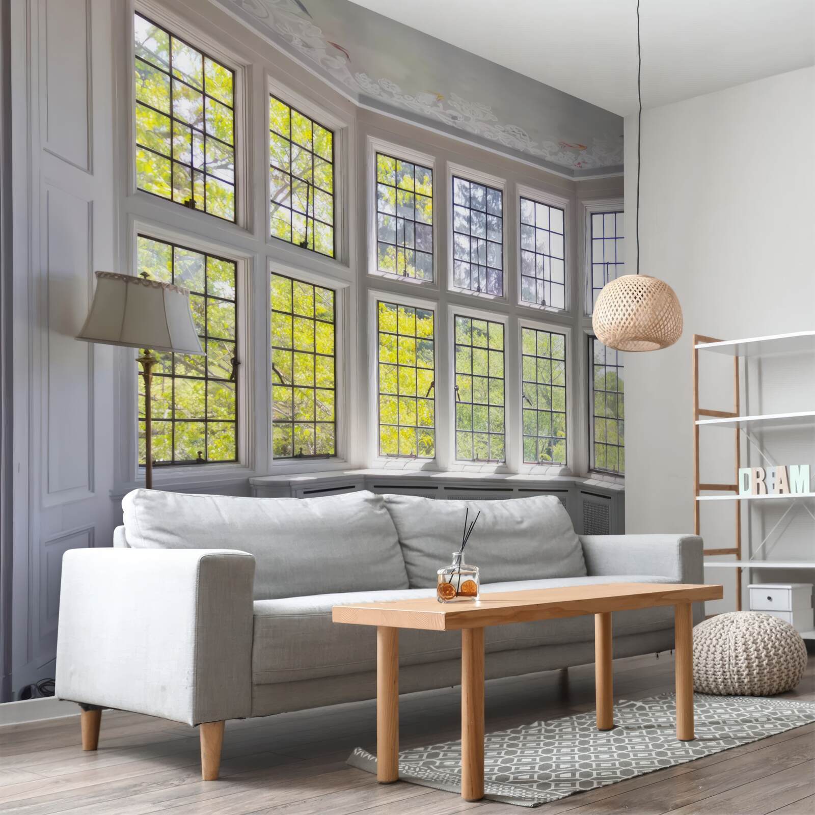 Fotobehang panorama van bomen vanuit het raam