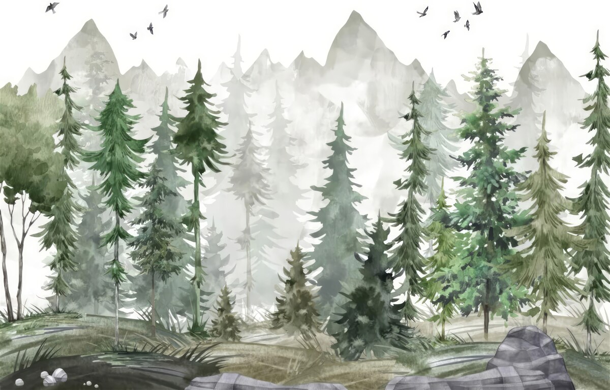 Fotobehang bos en bergen geschilderd in aquarel