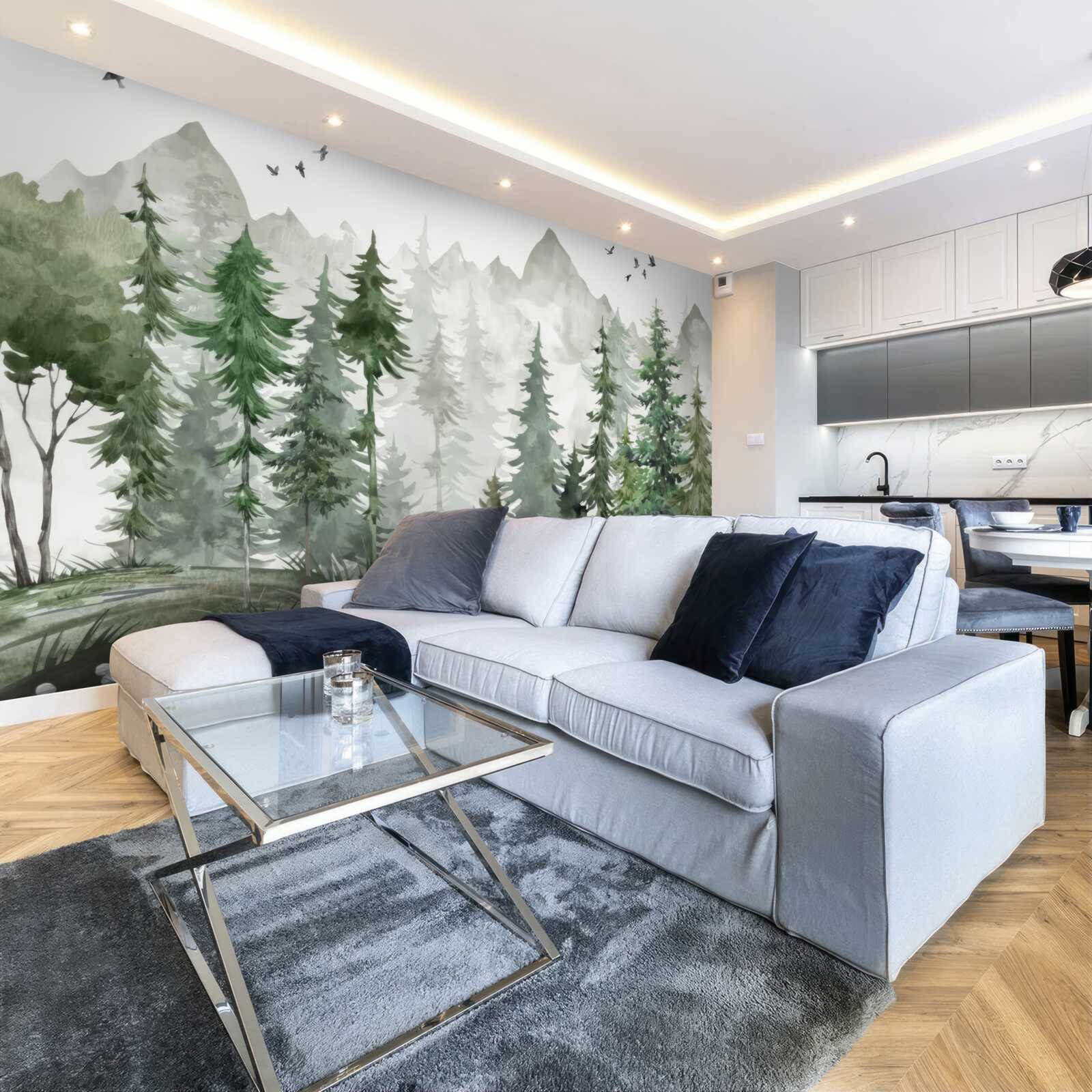 Fotobehang bos en bergen geschilderd in aquarel