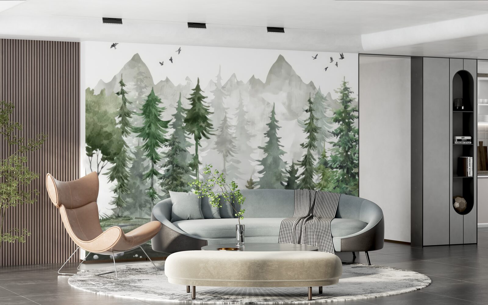 Fotobehang bos en bergen geschilderd in aquarel