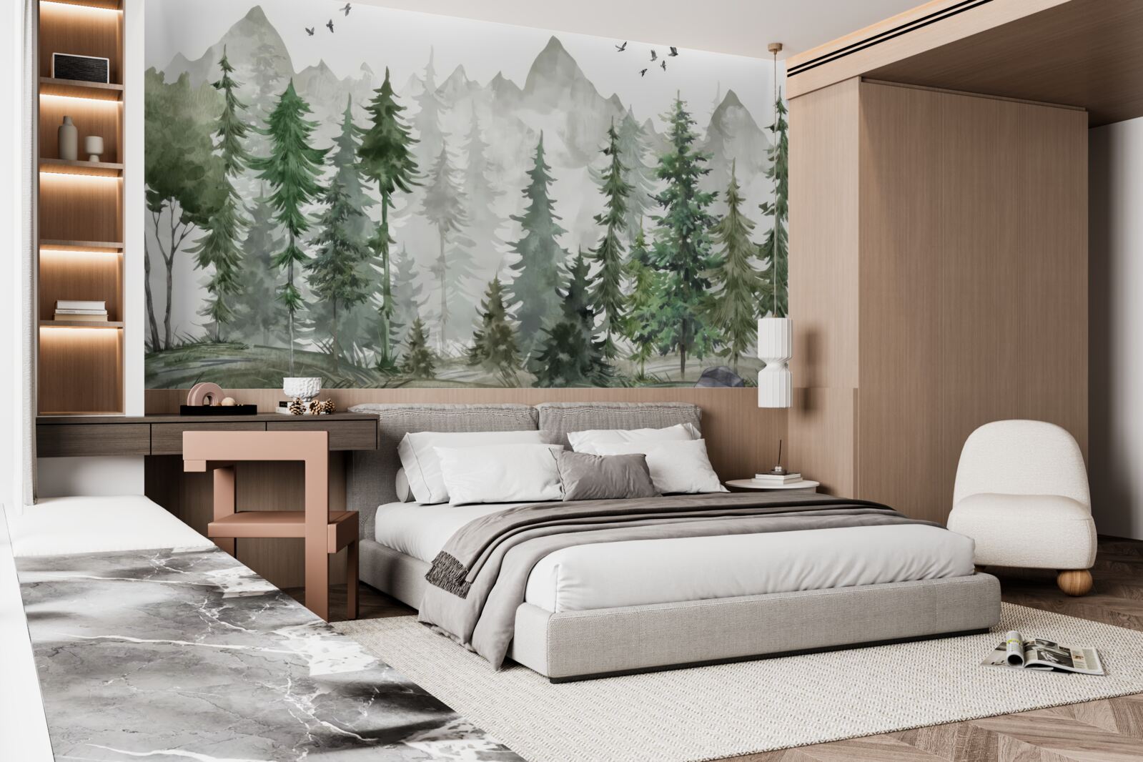 Fotobehang bos en bergen geschilderd in aquarel