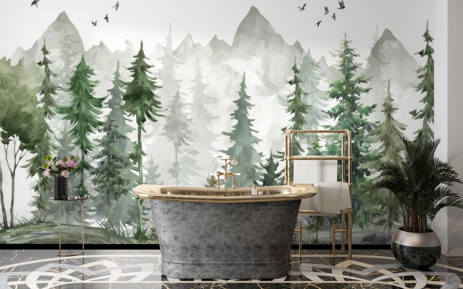 Fotobehang bos en bergen geschilderd in aquarel