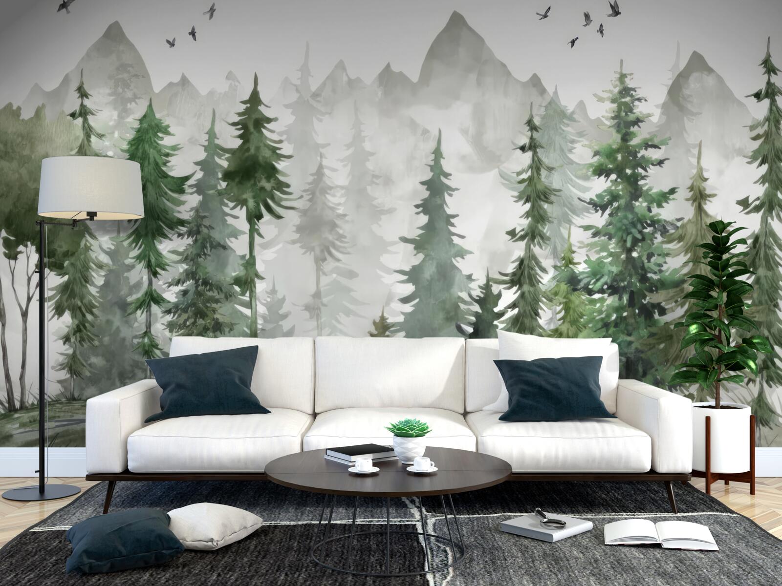 Fotobehang bos en bergen geschilderd in aquarel