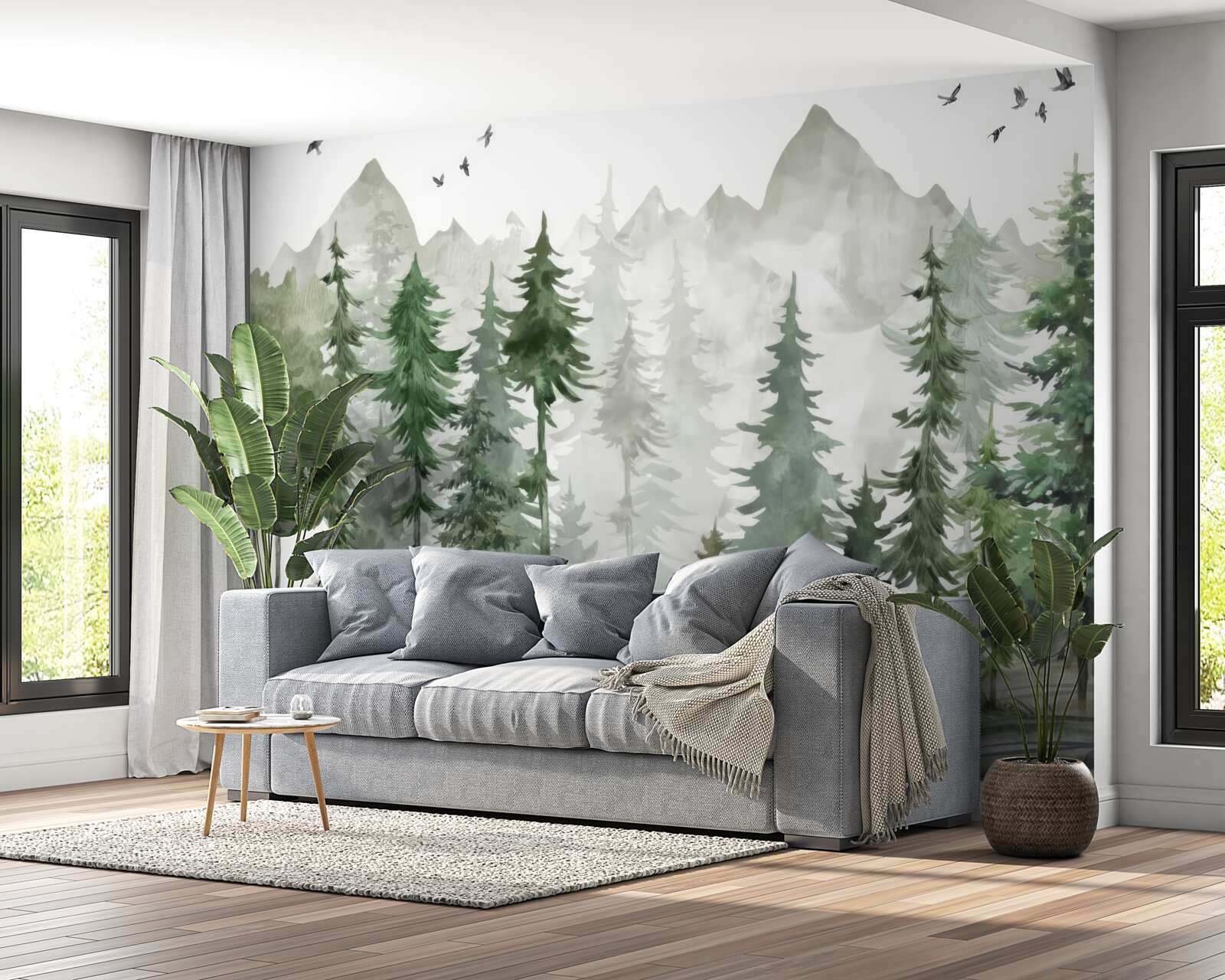 Fotobehang bos en bergen geschilderd in aquarel