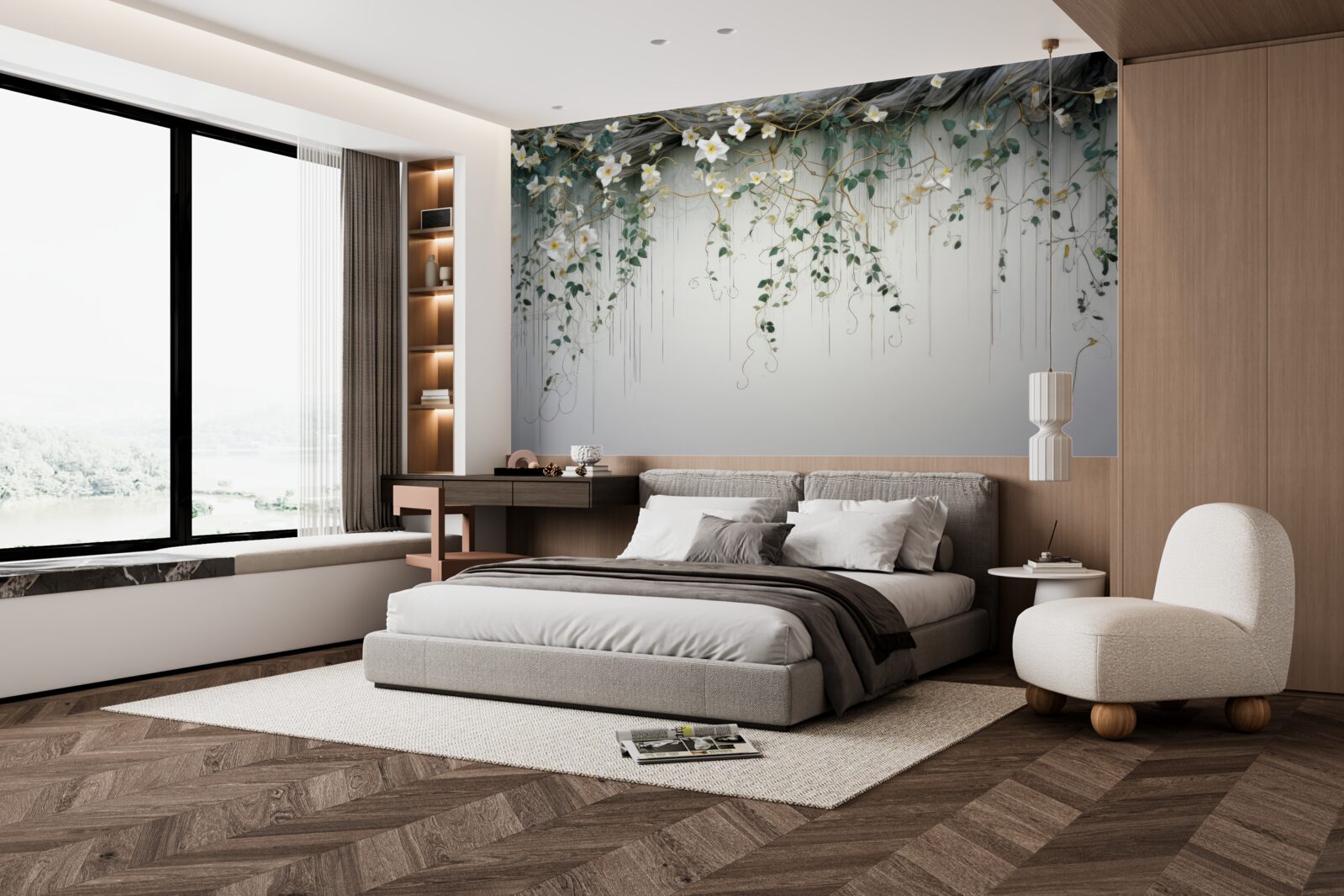 Fotobehang takken met witte bloemen