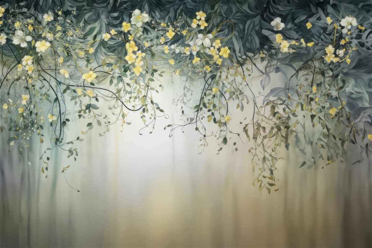 Fotobehang groene planten met bungelende gele bloemen