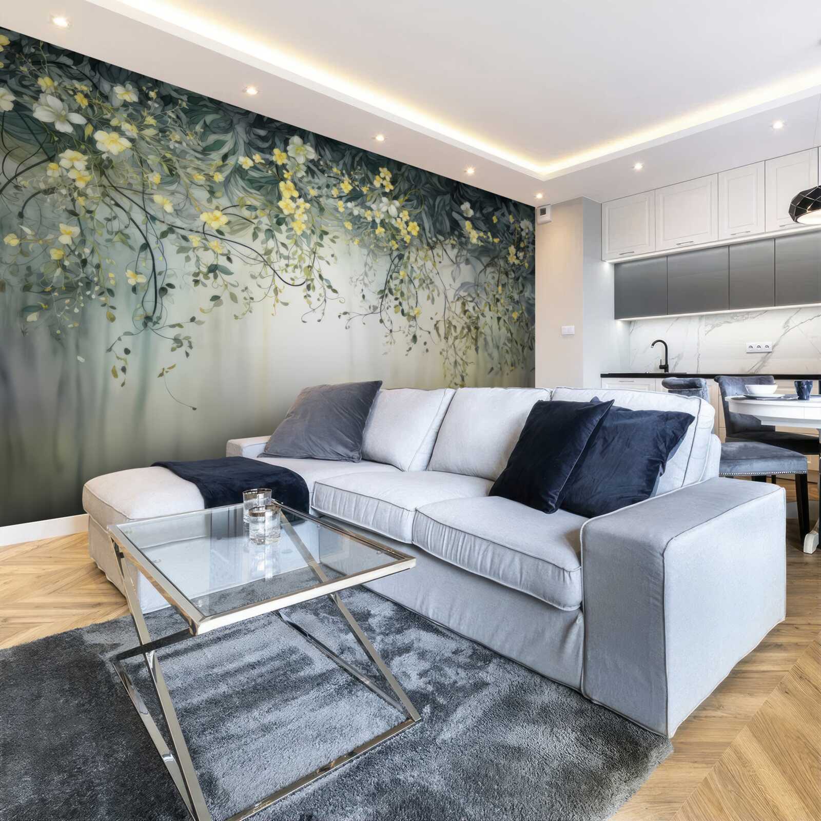 Fotobehang groene planten met bungelende gele bloemen