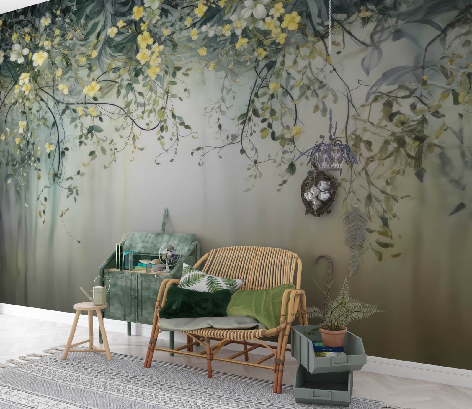 Fotobehang groene planten met bungelende gele bloemen