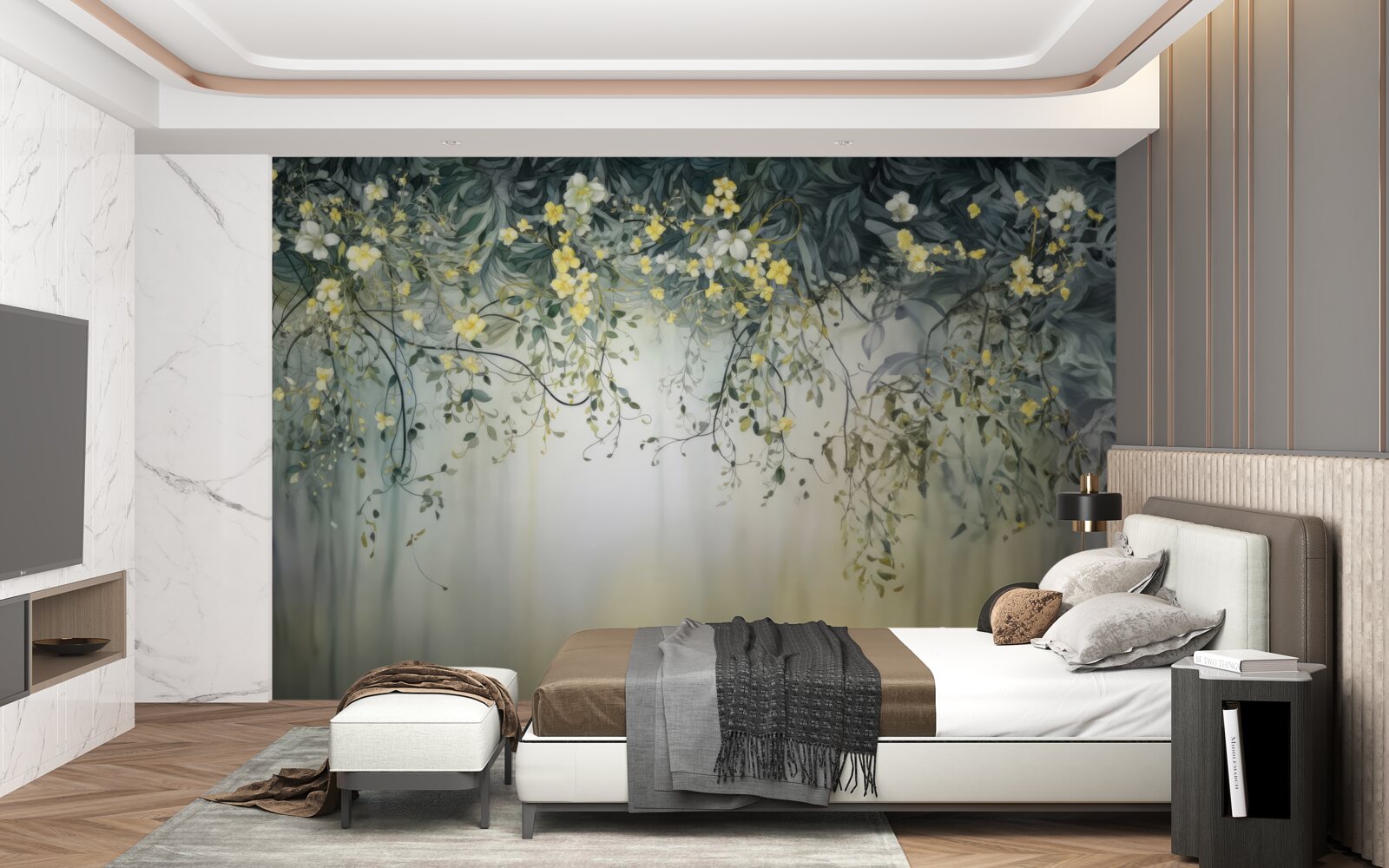 Fotobehang groene planten met bungelende gele bloemen