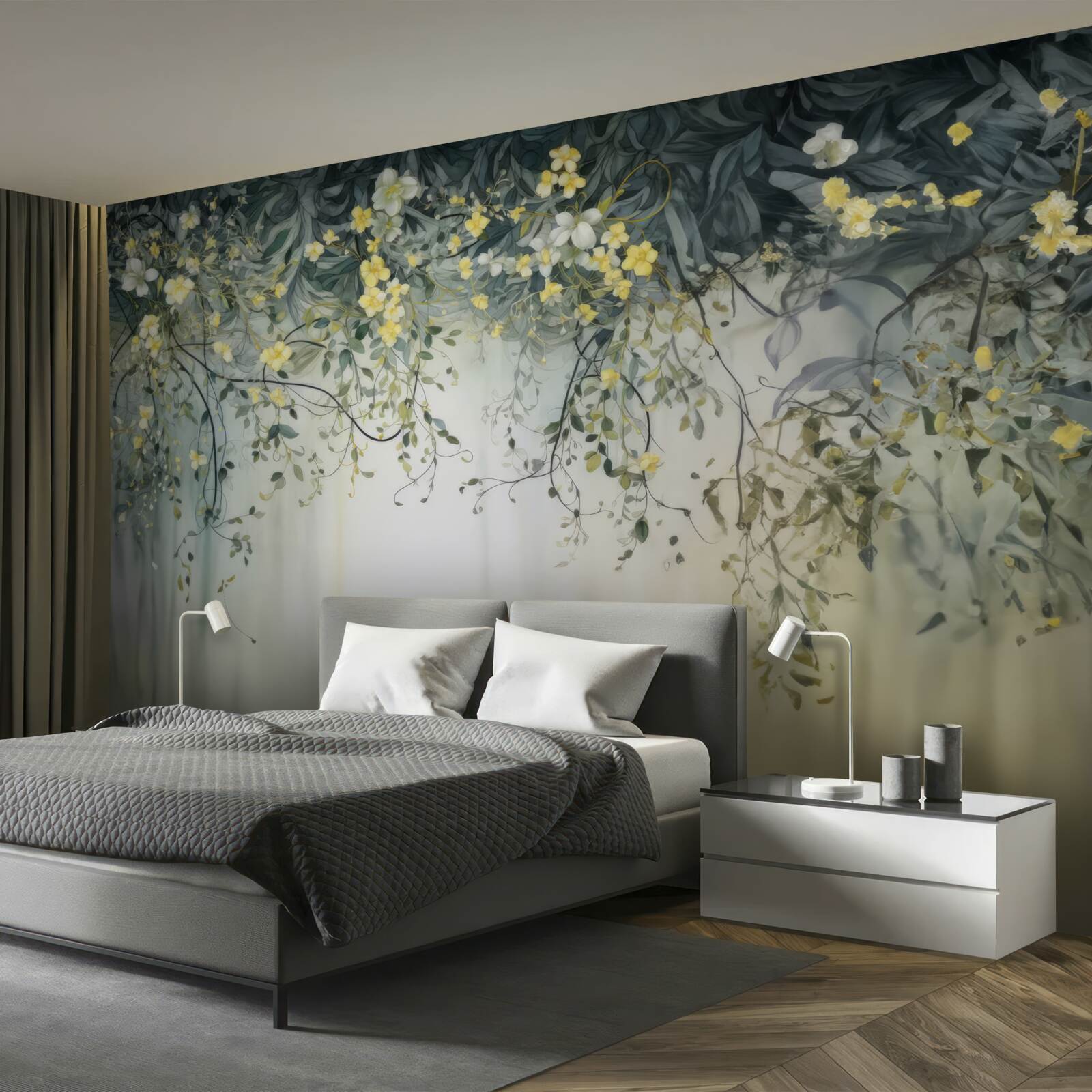 Fotobehang groene planten met bungelende gele bloemen