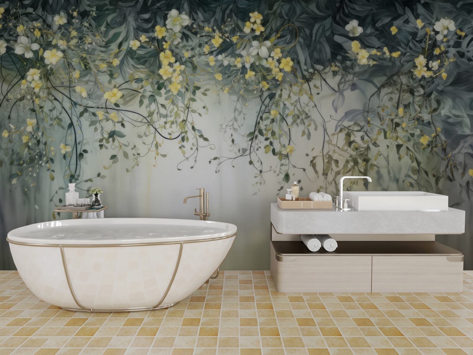 Fotobehang groene planten met bungelende gele bloemen