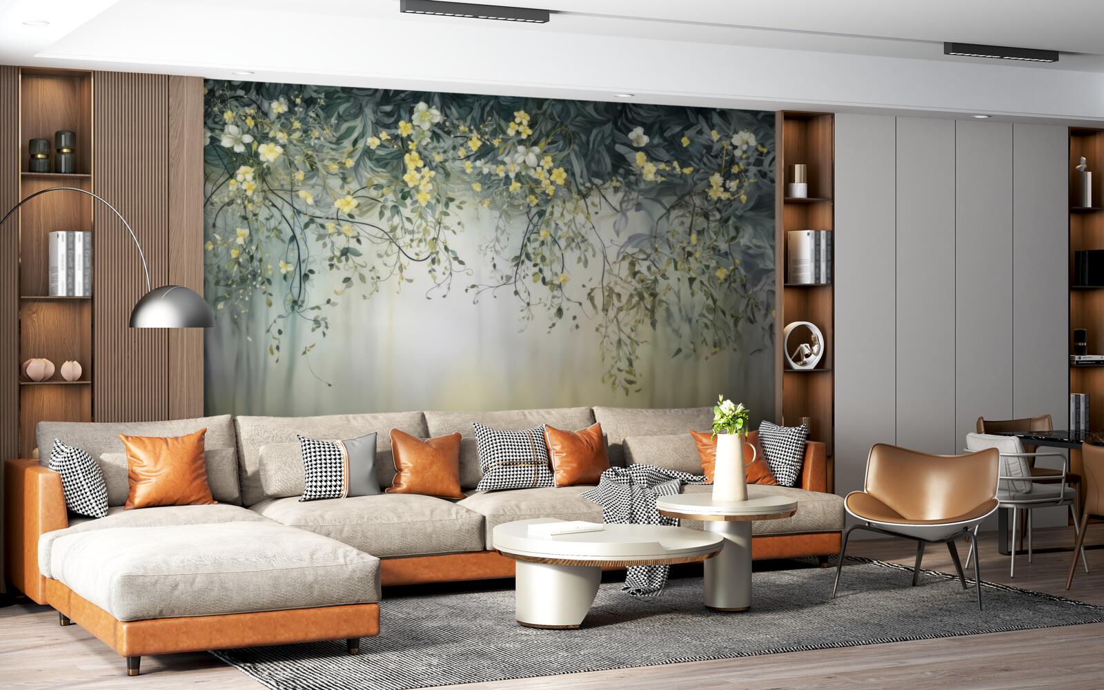 Fotobehang groene planten met bungelende gele bloemen